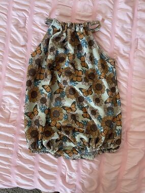 Sunflower & Butterfly Baby Romper - Yellow, Brown, Blue handmade